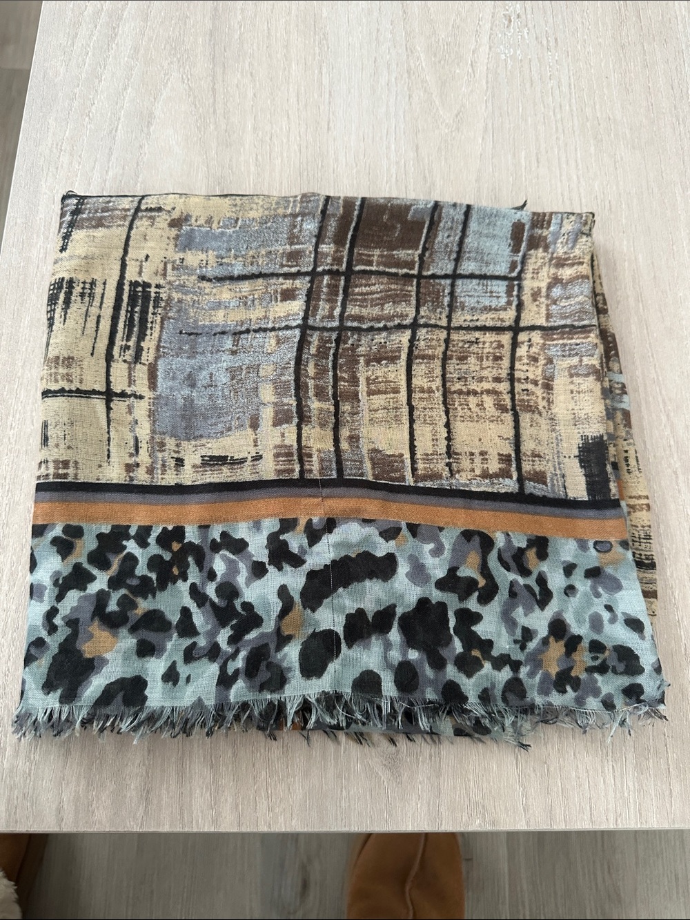 Patterned Lightweight Scarf in Beige, Brown & Light Blue